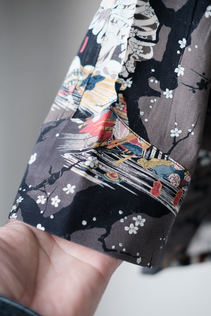 BLACK SIGN KUNIYOSHI UTAGAWA THREE QUARTER SLEEVE NIGHT HAWAIIAN SHIRT Night Cherry Blossoms & Skull